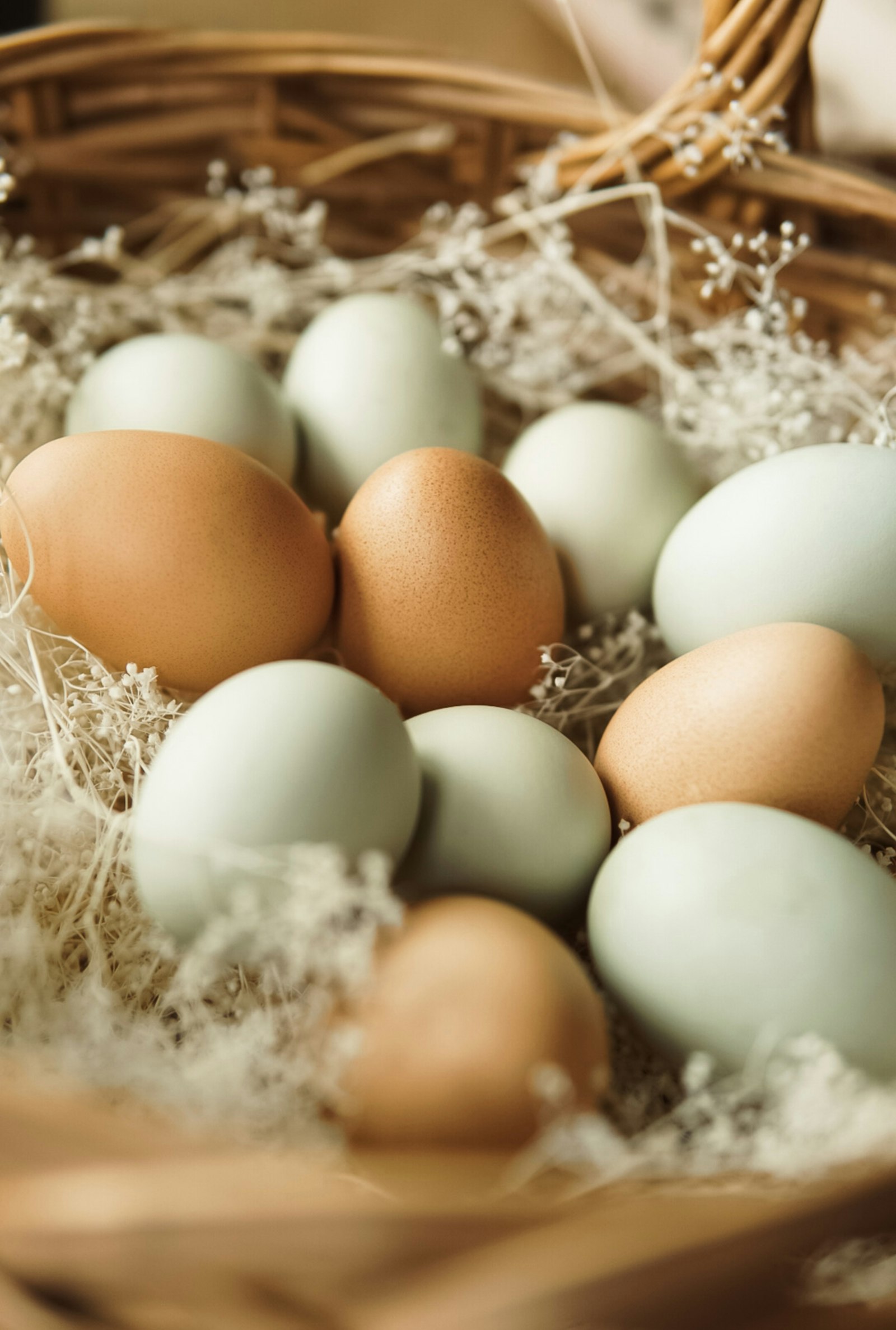 Canasta con huevos blancos y marrones